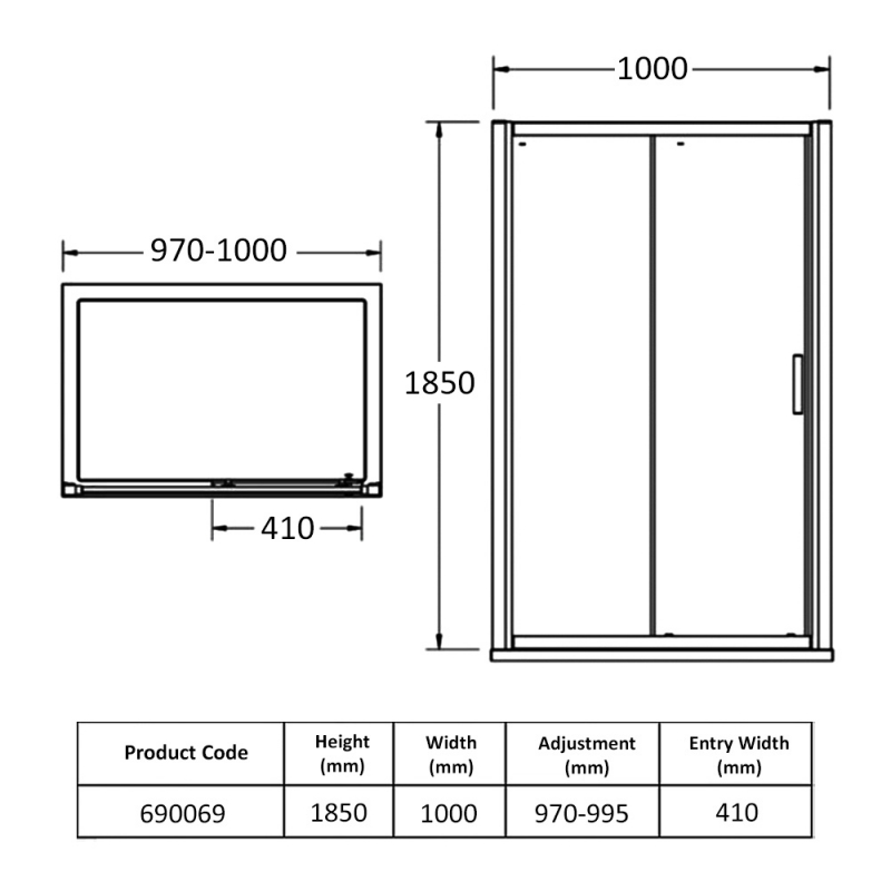 Eastbrook Vantage Sliding Shower Door 1000mm Wide - 6mm Glass  | Dimension Image