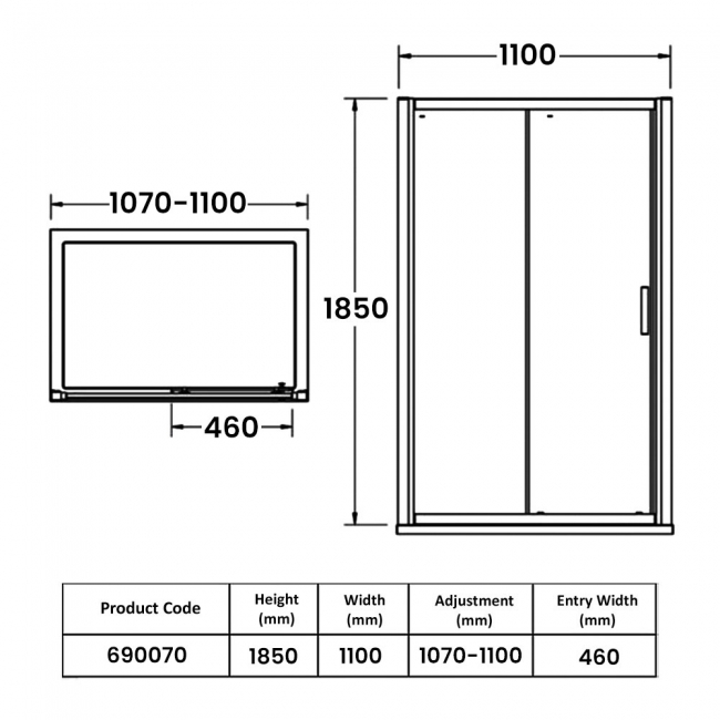 Eastbrook Vantage Sliding Shower Door 1100mm Wide - 6mm Glass  | Dimension Image