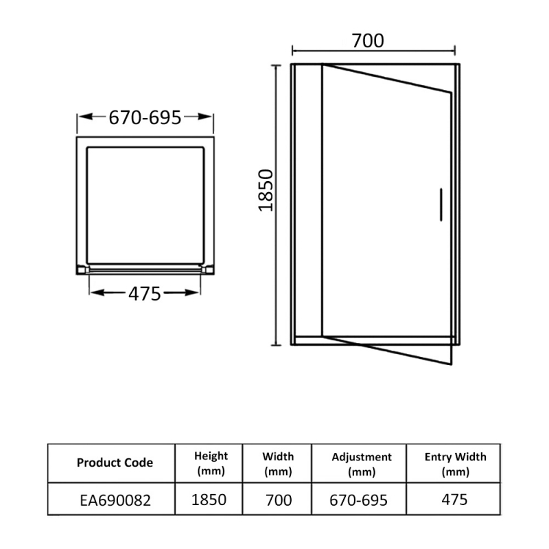 Eastbrook Vantage Pivot Shower Door 700mm Wide - 6mm Glass