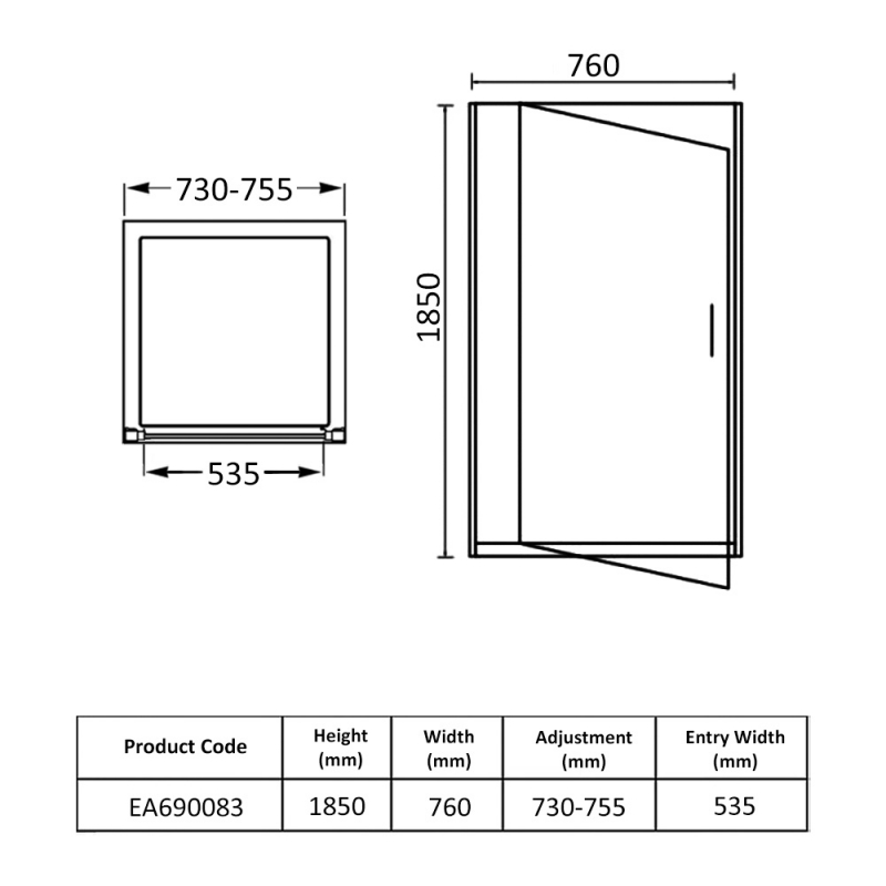 Eastbrook Vantage Pivot Shower Door 760mm Wide - 6mm Glass  | Dimension Image