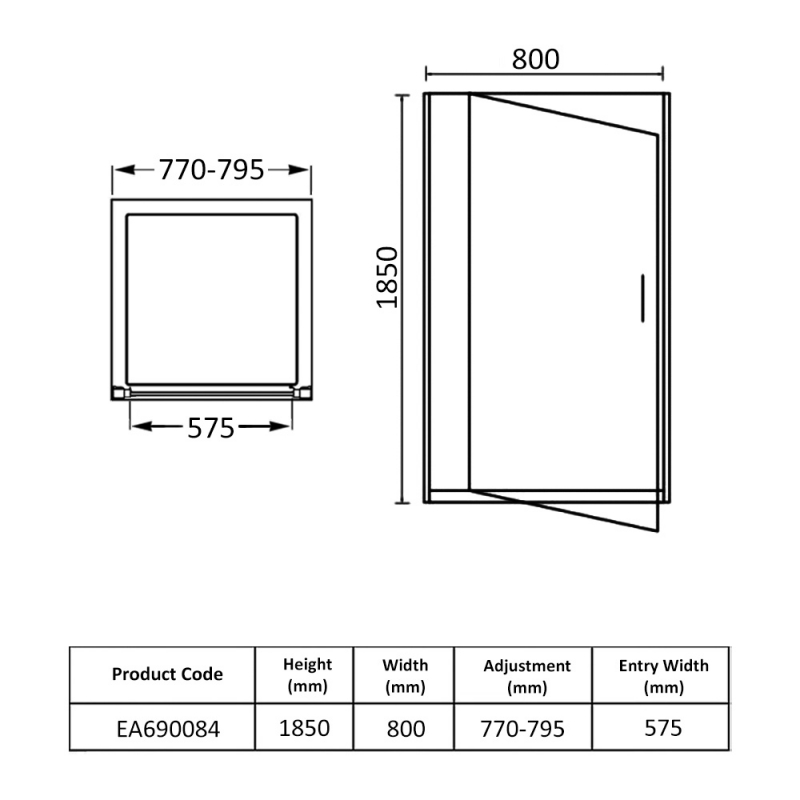 Eastbrook Vantage Pivot Shower Door 800mm Wide - 6mm Glass  | Dimension Image
