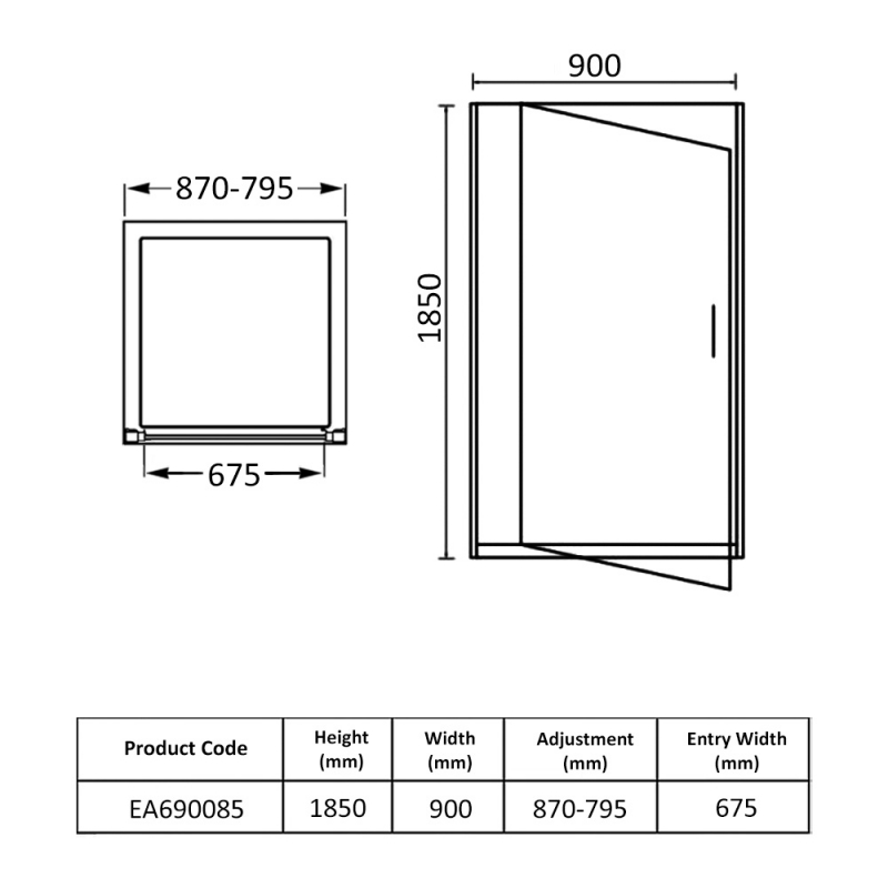 Eastbrook Vantage Pivot Shower Door 900mm Wide - 6mm Glass  | Dimension Image