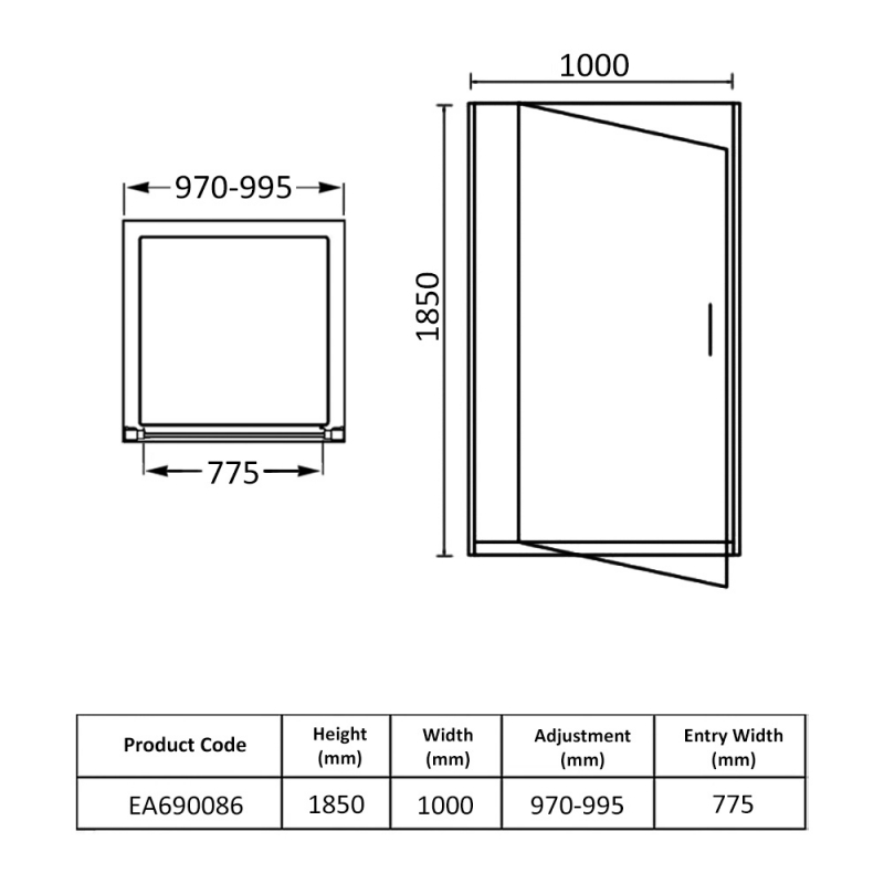 Eastbrook Vantage Pivot Shower Door 1000mm Wide - 6mm Glass