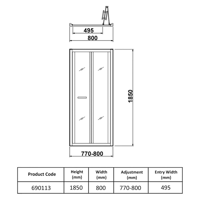 Eastbrook Vantage Bi-Fold Shower Door 800mm Wide - 6mm Glass  | Dimension Image