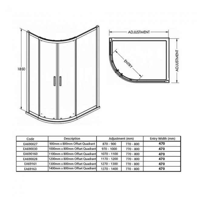 Eastbrook Vantage Offset Quadrant Shower Enclosure 1000mm x 800mm - 6mm Glass
