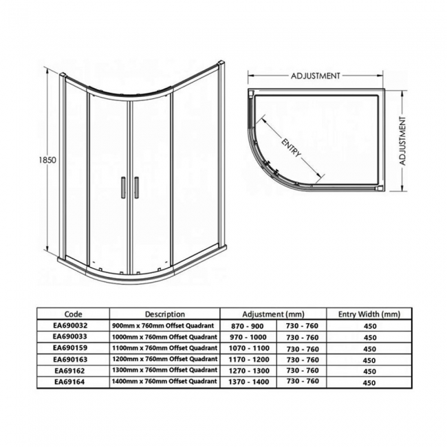 Eastbrook Vantage Offset Quadrant Shower Enclosure 1400mm x 760mm - 6mm Glass
