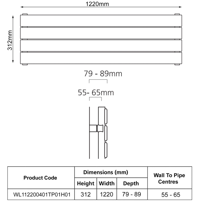 EcoRad Lateral Single Horizontal Radiator 312mm H x 1220mm W (4 Sections) - White