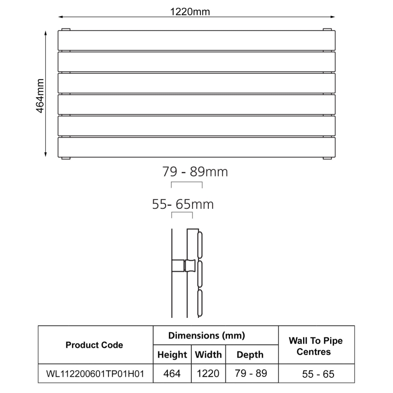 EcoRad Lateral Single Horizontal Radiator 464mm H x 1220mm W (6 Sections) - White