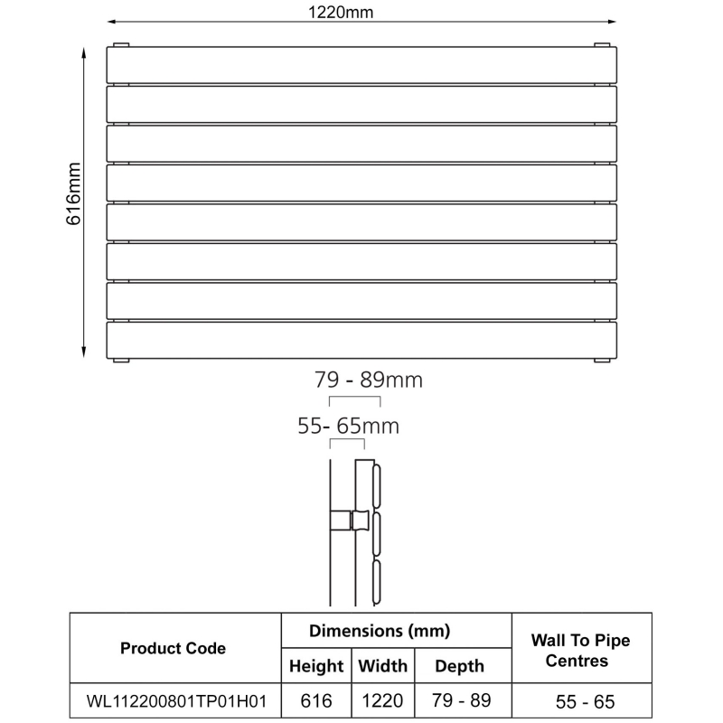 EcoRad Lateral Single Horizontal Radiator 616mm H x 1220mm W (8 Sections) - White