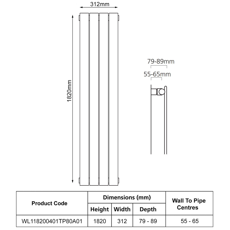 EcoRad Lateral Single Vertical Radiator 1820mm H x 312mm W (4 Sections) - White