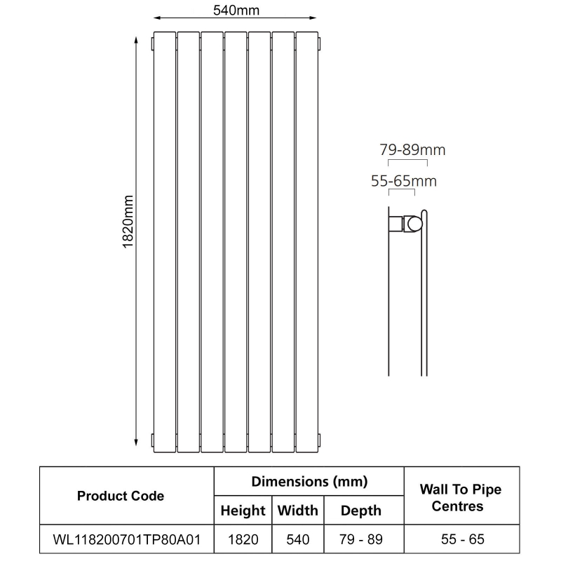 EcoRad Lateral Single Vertical Radiator 1820mm H x 540mm W (7 Sections) - White