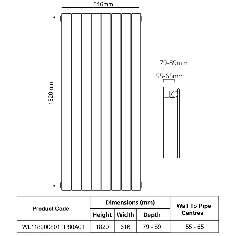 EcoRad Lateral Single Vertical Radiator 1820mm H x 616mm W (8 Sections) - White  | Dimension Image