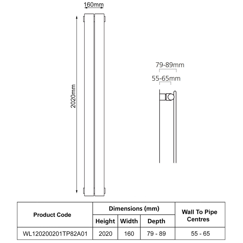 EcoRad Lateral Slimline Single Vertical Radiator 2020mm H x 160mm W (2 Sections) - White