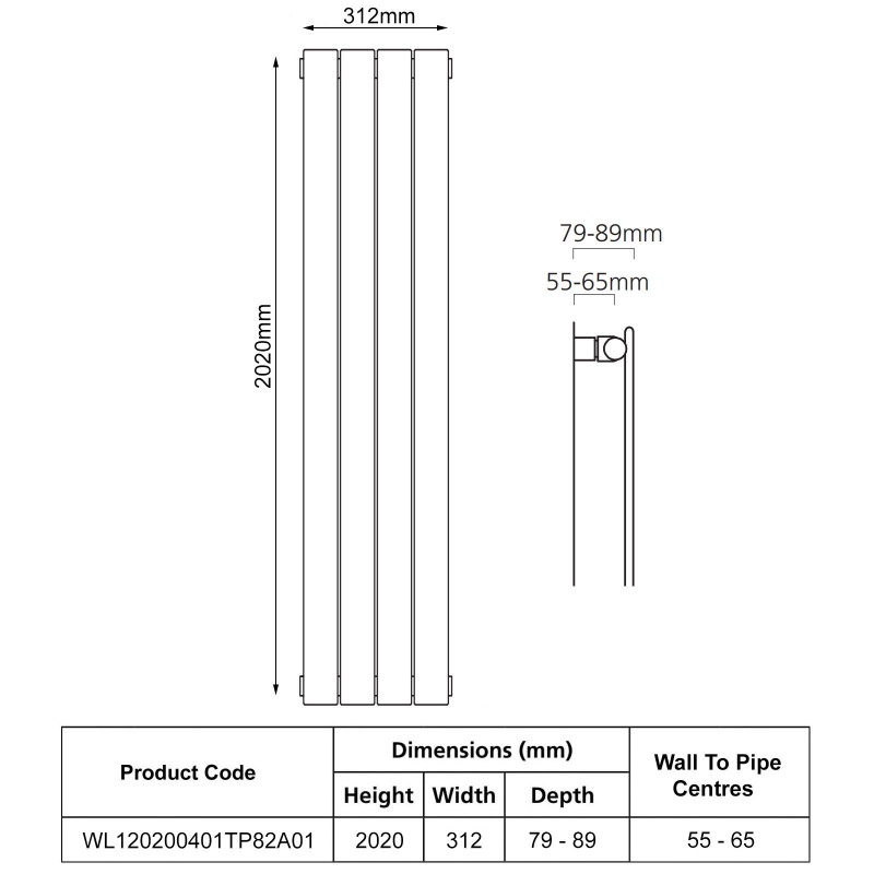 EcoRad Lateral Slimline Single Vertical Radiator 2020mm H x 312mm W (4 Sections) - White