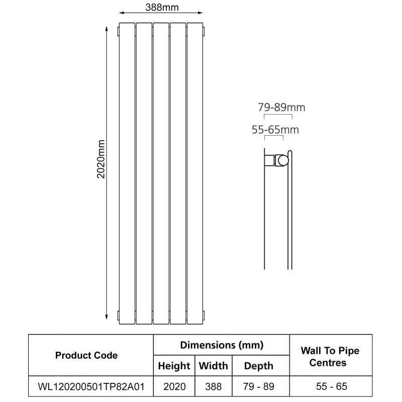 EcoRad Lateral Slimline Single Vertical Radiator 2020mm H x 388mm W (5 Sections) - White