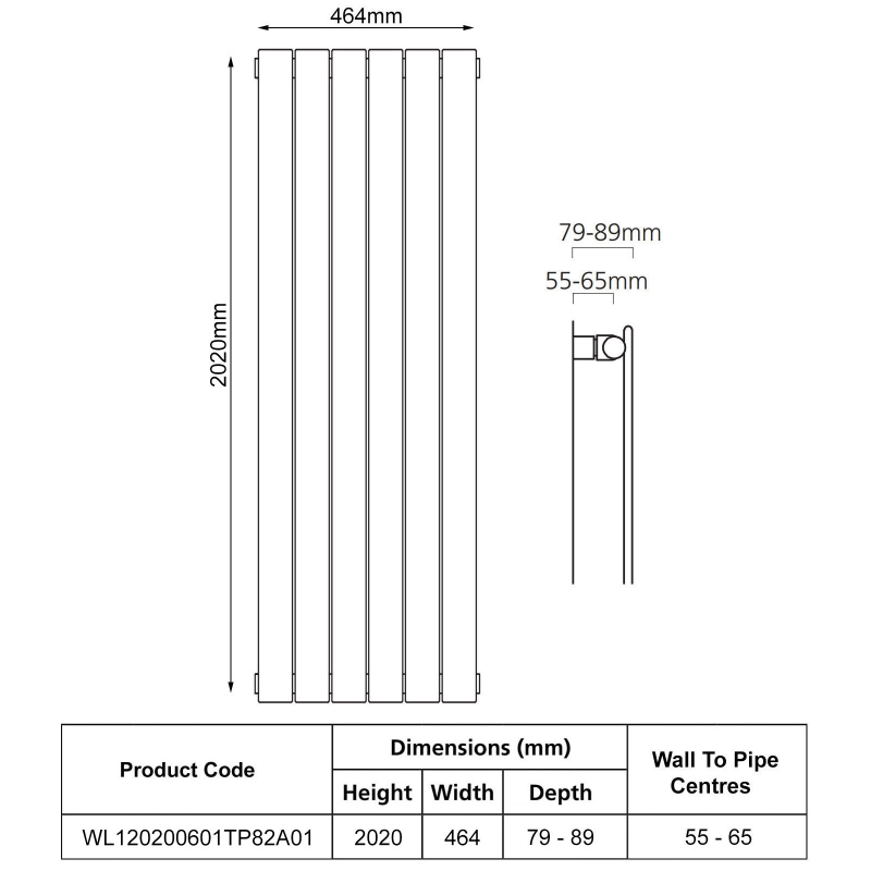 EcoRad Lateral Slimline Single Vertical Radiator 2020mm H x 464mm W (6 Sections) - White