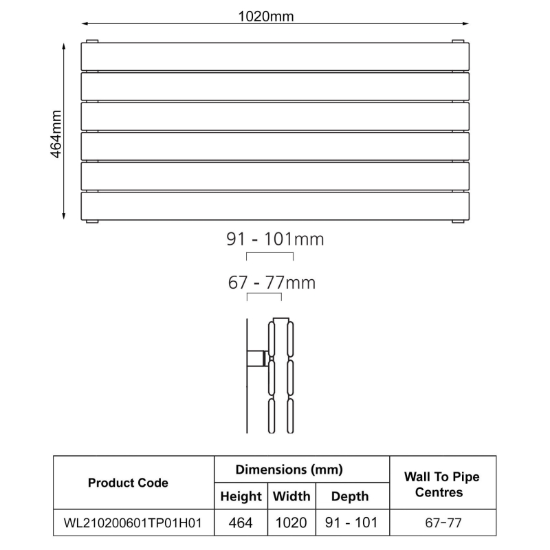 EcoRad Lateral Double Horizontal Radiator 464mm H x 1020mm W (12 Sections) - White