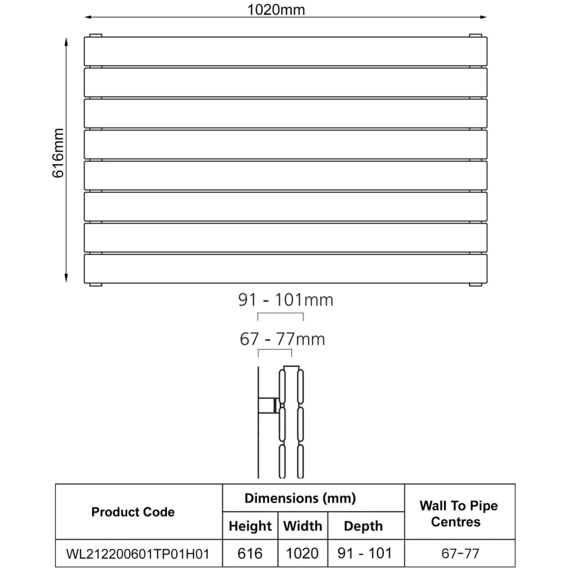 EcoRad Lateral Double Horizontal Radiator 616mm H x 1020mm W (16 Sections) - White