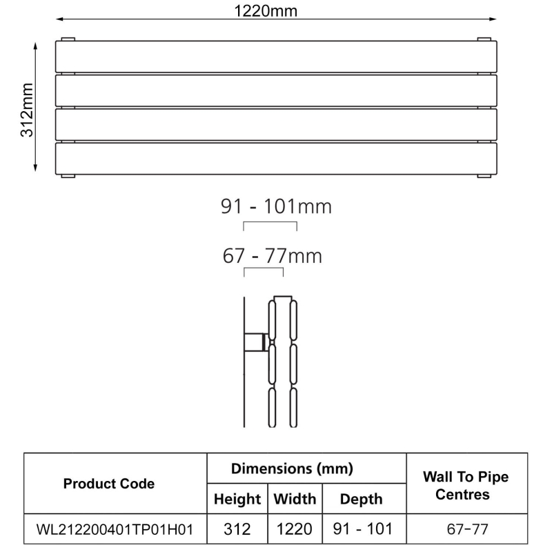 EcoRad Lateral Double Horizontal Radiator 312mm H x 1220mm W (8 Sections) - White