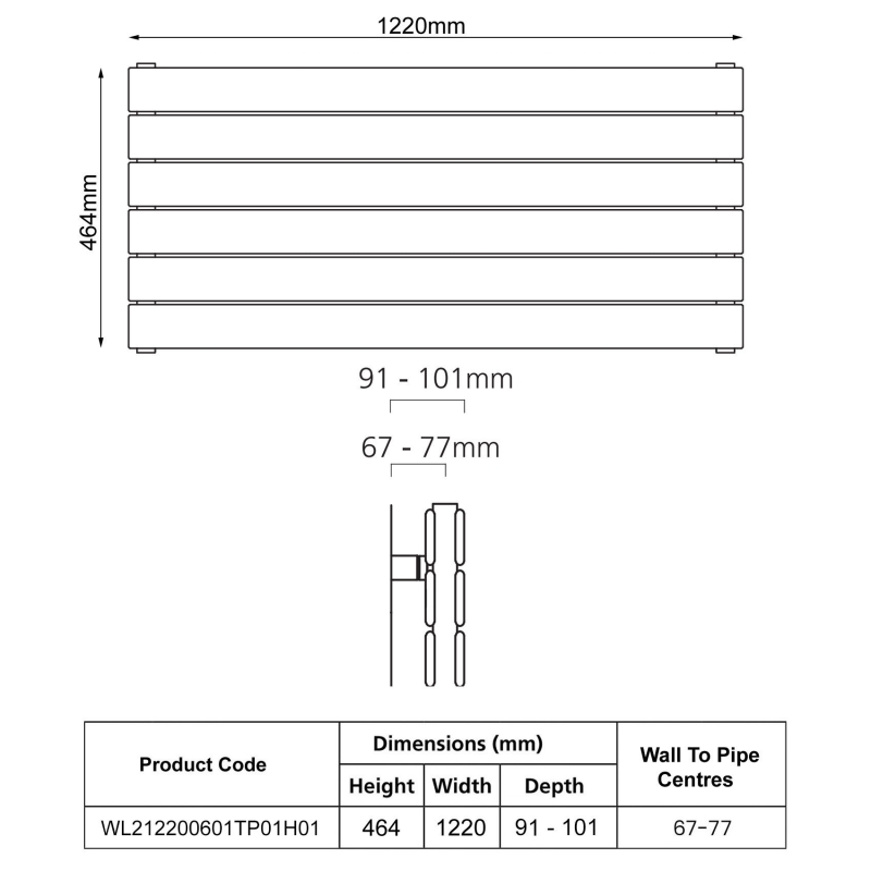 EcoRad Lateral Double Horizontal Radiator 464mm H x 1220mm W (12 Sections) - White