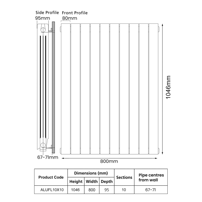 EcoRad Trend Aluminium Radiator 1046mm H x 820mm W (10 Sections) - RAL