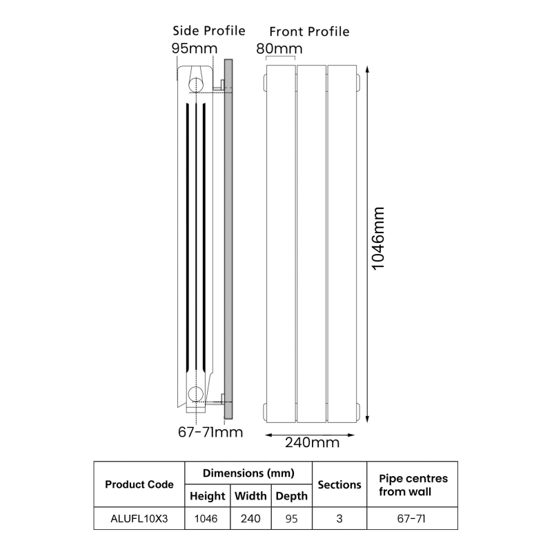 EcoRad Trend Aluminium Radiator 1046mm H x 260mm W (3 Sections) - White  | Dimension Image