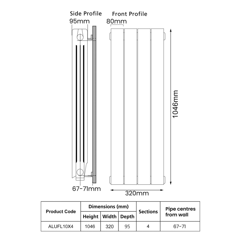 EcoRad Trend Aluminium Radiator 1046mm H x 340mm W (4 Sections) - RAL