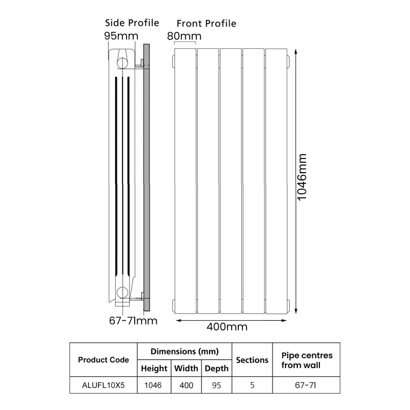 EcoRad Trend Aluminium Radiator 1046mm H x 420mm W (5 Sections) - RAL