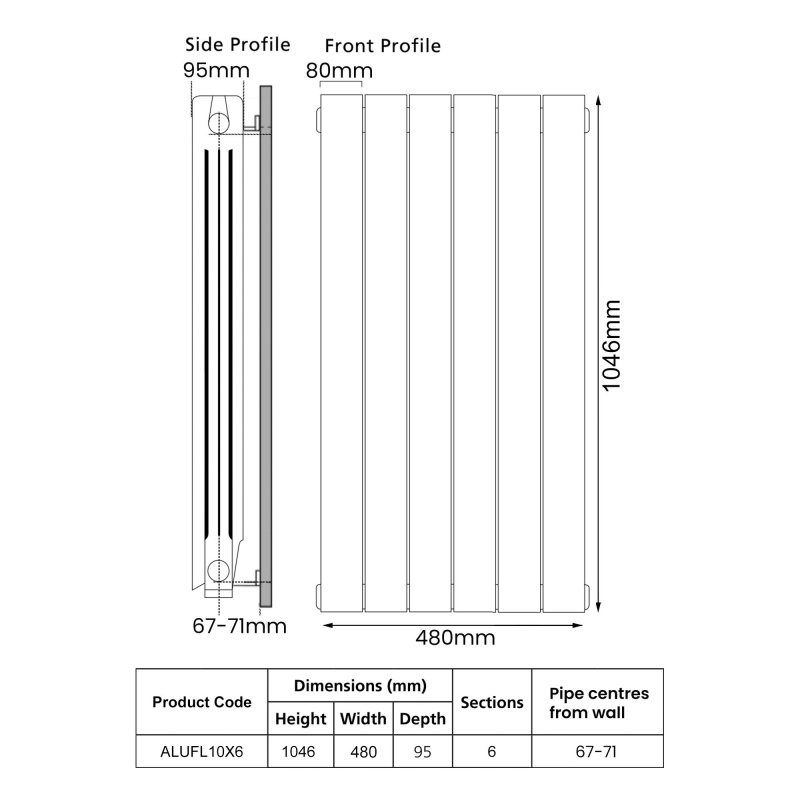 EcoRad Trend Aluminium Radiator 1046mm H x 500mm W (6 Sections) - RAL