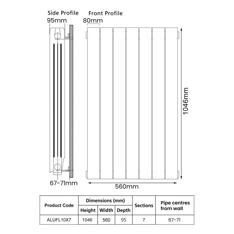EcoRad Trend Aluminium Radiator 1046mm H x 580mm W (7 Sections) - White