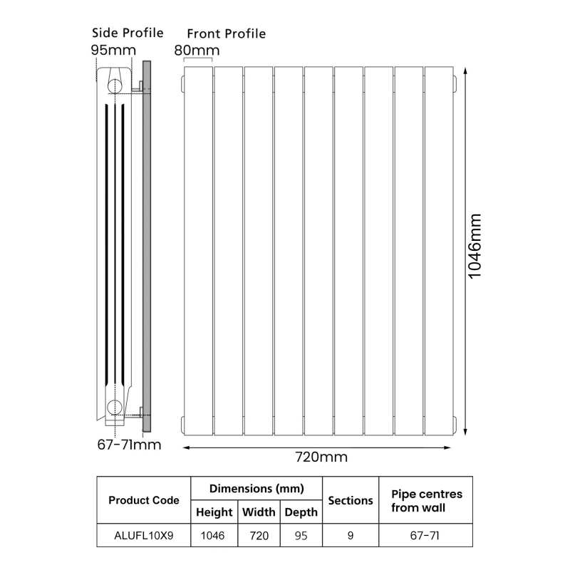 EcoRad Trend Aluminium Radiator 1046mm H x 740mm W (9 Sections) - RAL