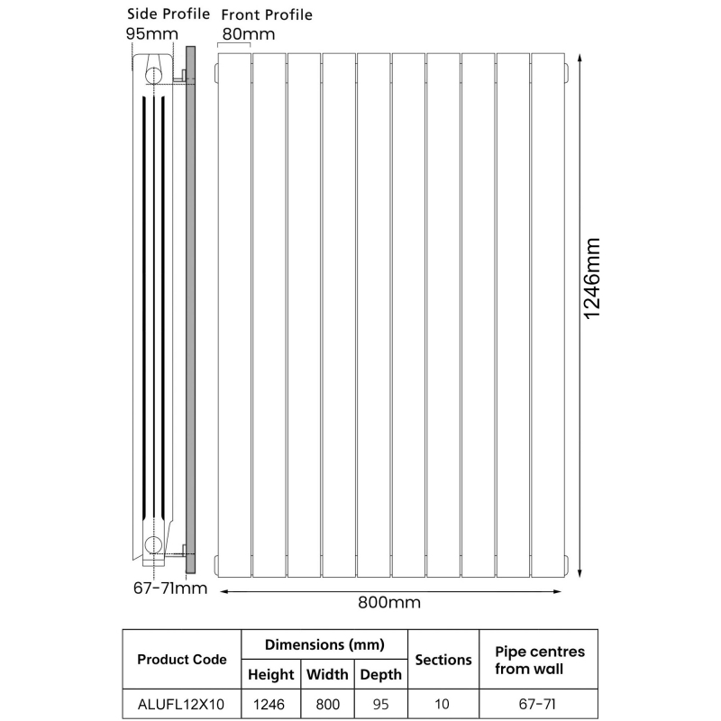 EcoRad Trend Aluminium Radiator 1246mm H x 820mm W (10 Sections) - RAL