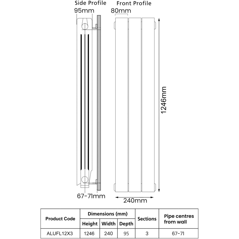 EcoRad Trend Aluminium Radiator 1246mm H x 260mm W (3 Sections) - RAL