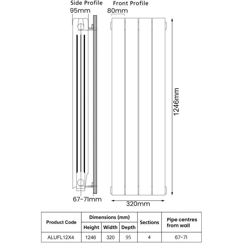 EcoRad Trend Aluminium Radiator 1246mm H x 340mm W (4 Sections) - White