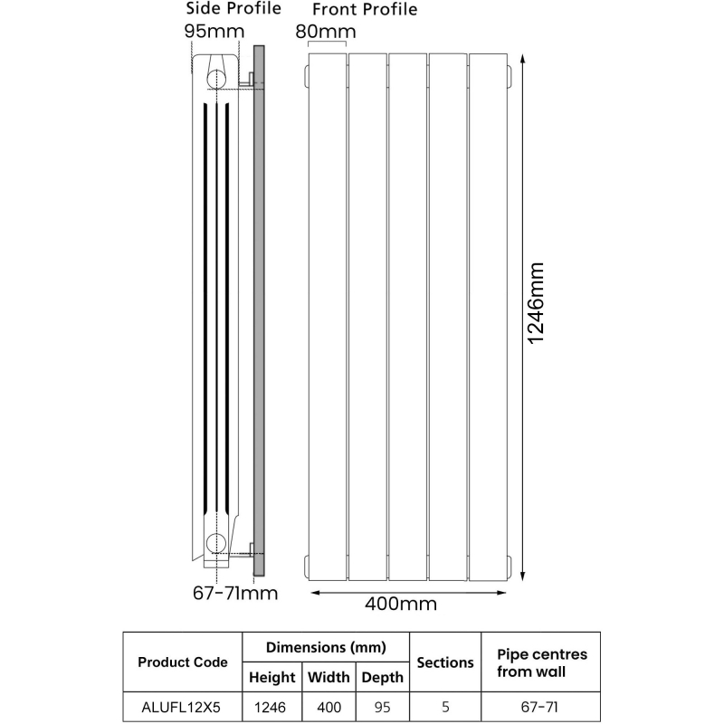 EcoRad Trend Aluminium Radiator 1246mm H x 420mm W (5 Sections) - RAL