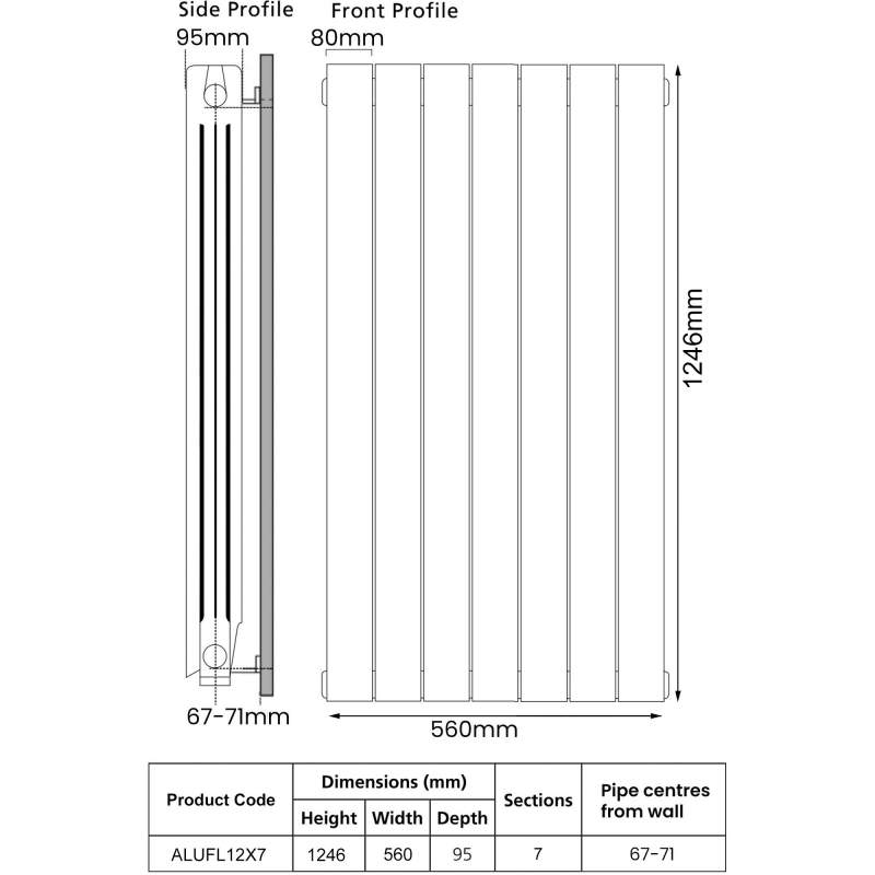 EcoRad Trend Aluminium Radiator 1246mm H x 580mm W (7 Sections) - RAL