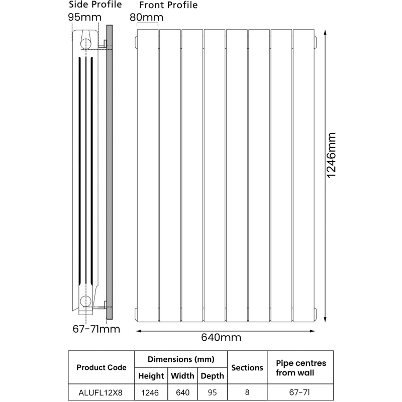 EcoRad Trend Aluminium Radiator 1246mm H x 660mm W (8 Sections) - White