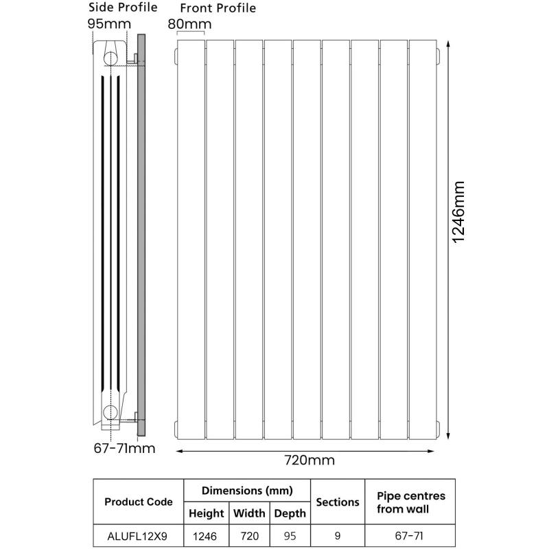 EcoRad Trend Aluminium Radiator 1246mm H x 740mm W (9 Sections) - White