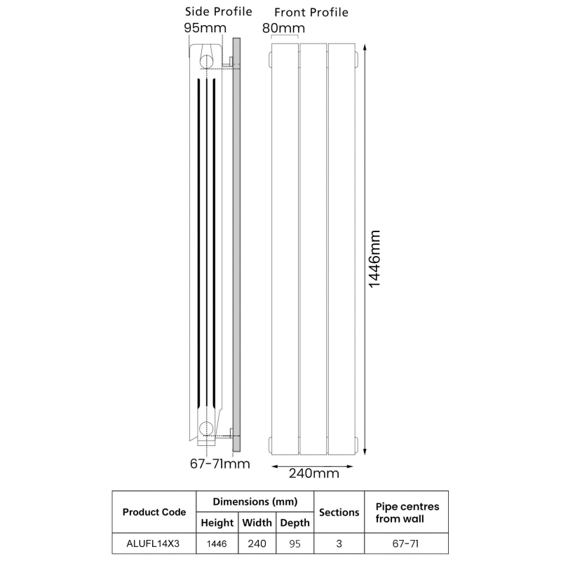 EcoRad Trend Aluminium Radiator 1446mm H x 260mm W (3 Sections) - White