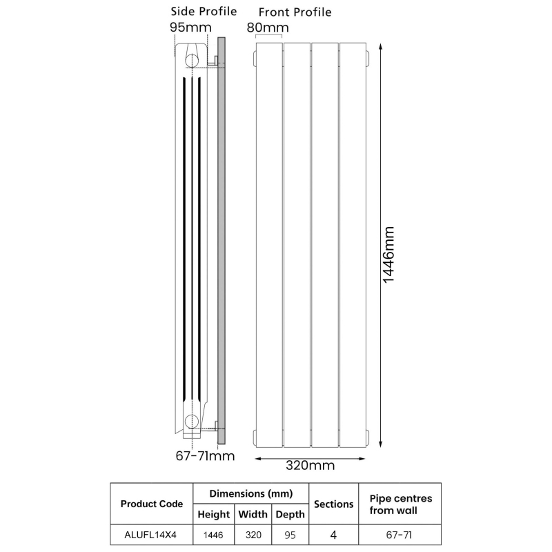 EcoRad Trend Aluminium Radiator 1446mm H x 340mm W (4 Sections) - White