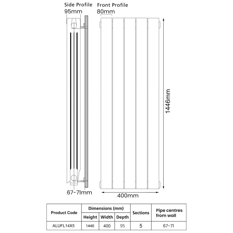 EcoRad Trend Aluminium Radiator 1446mm H x 420mm W (5 Sections) - White