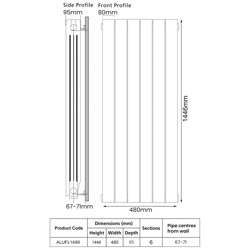 EcoRad Trend Aluminium Radiator 1446mm H x 500mm W (6 Sections) - White