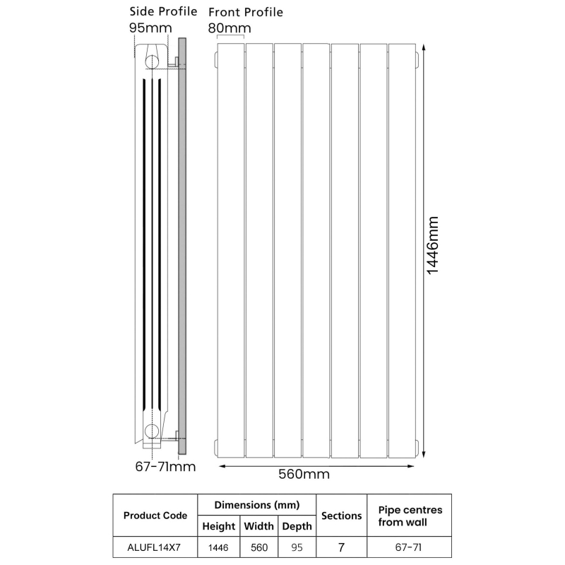EcoRad Trend Aluminium Radiator 1446mm H x 580mm W (7 Sections) - White