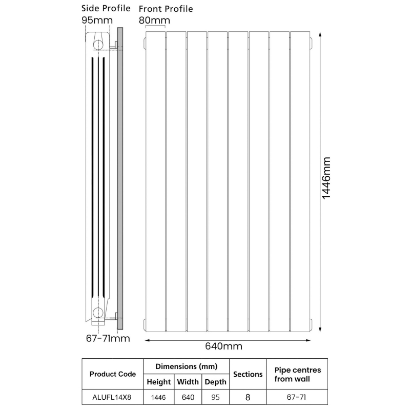 EcoRad Trend Aluminium Radiator 1446mm H x 660mm W (8 Sections) - White
