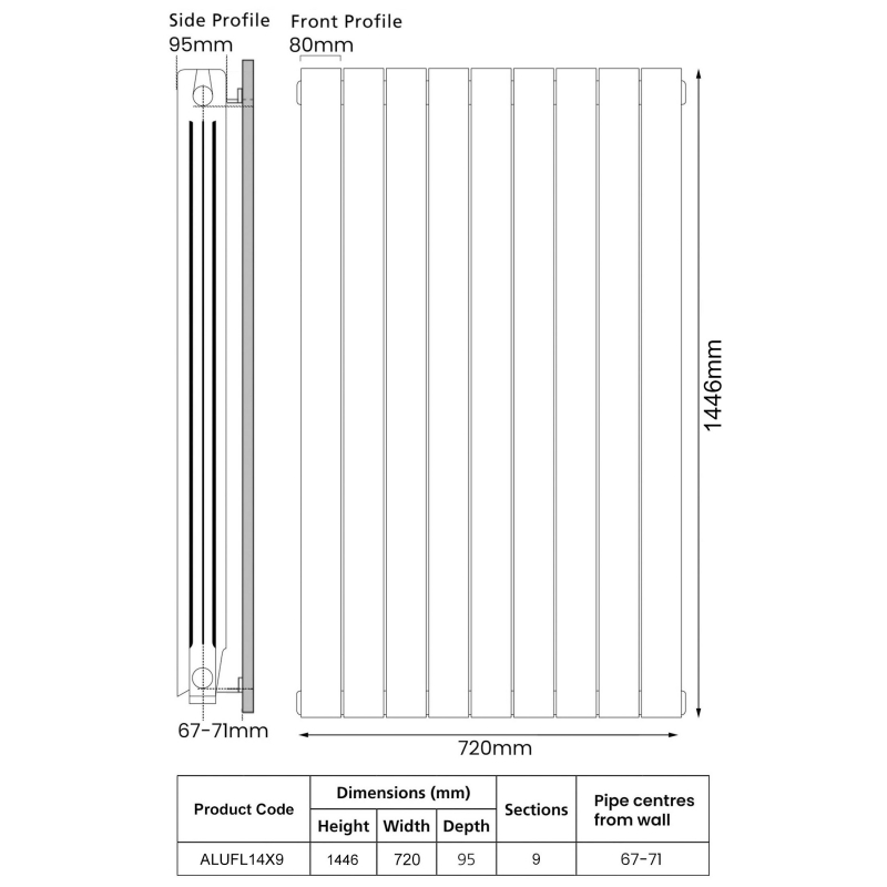 EcoRad Trend Aluminium Radiator 1446mm H x 740mm W (9 Sections) - RAL