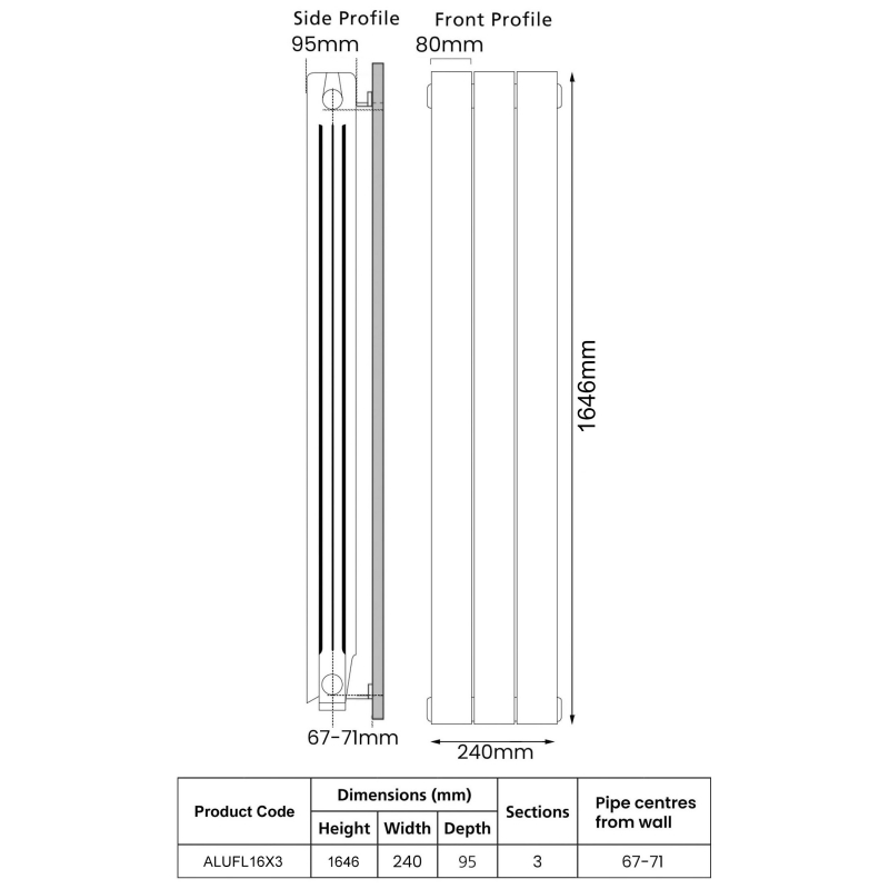 EcoRad Trend Aluminium Radiator 1646mm H x 260mm W (3 Sections) - White