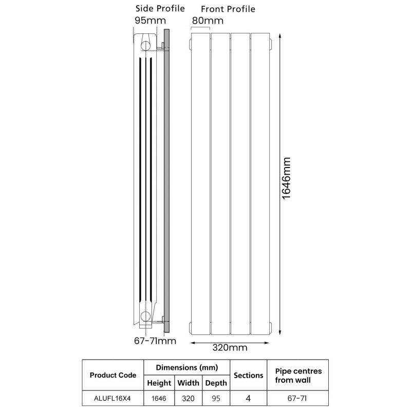 EcoRad Trend Aluminium Radiator 1646mm H x 340mm W (4 Sections) - RAL