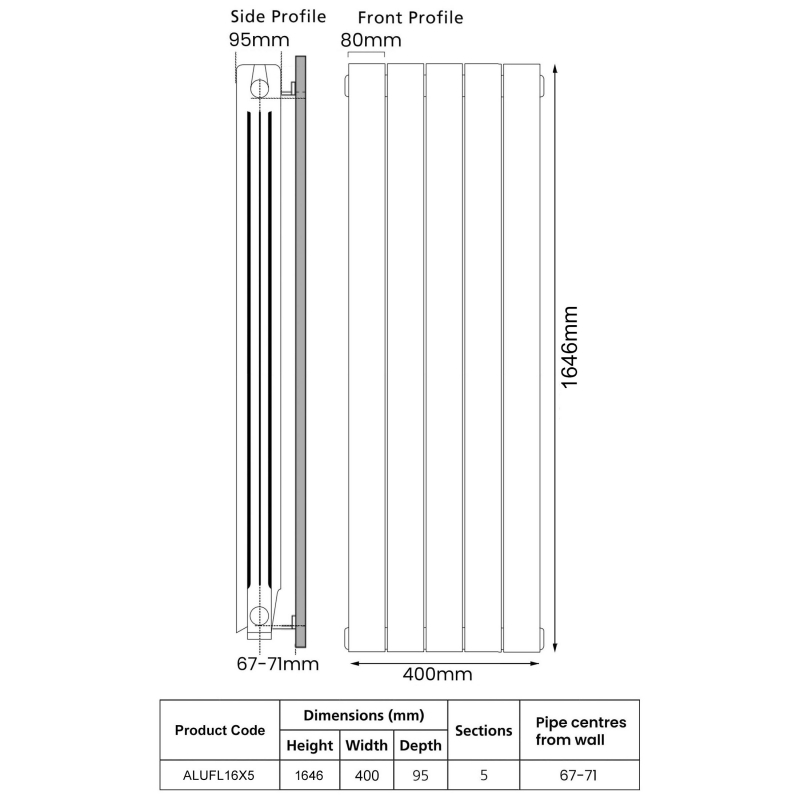 EcoRad Trend Aluminium Radiator 1646mm H x 420mm W (5 Sections) - RAL