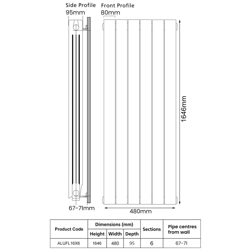 EcoRad Trend Aluminium Radiator 1646mm H x 500mm W (6 Sections) - White
