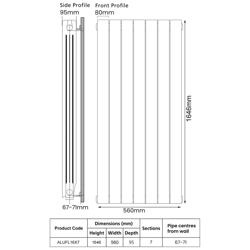 EcoRad Trend Aluminium Radiator 1646mm H x 580mm W (7 Sections) - White